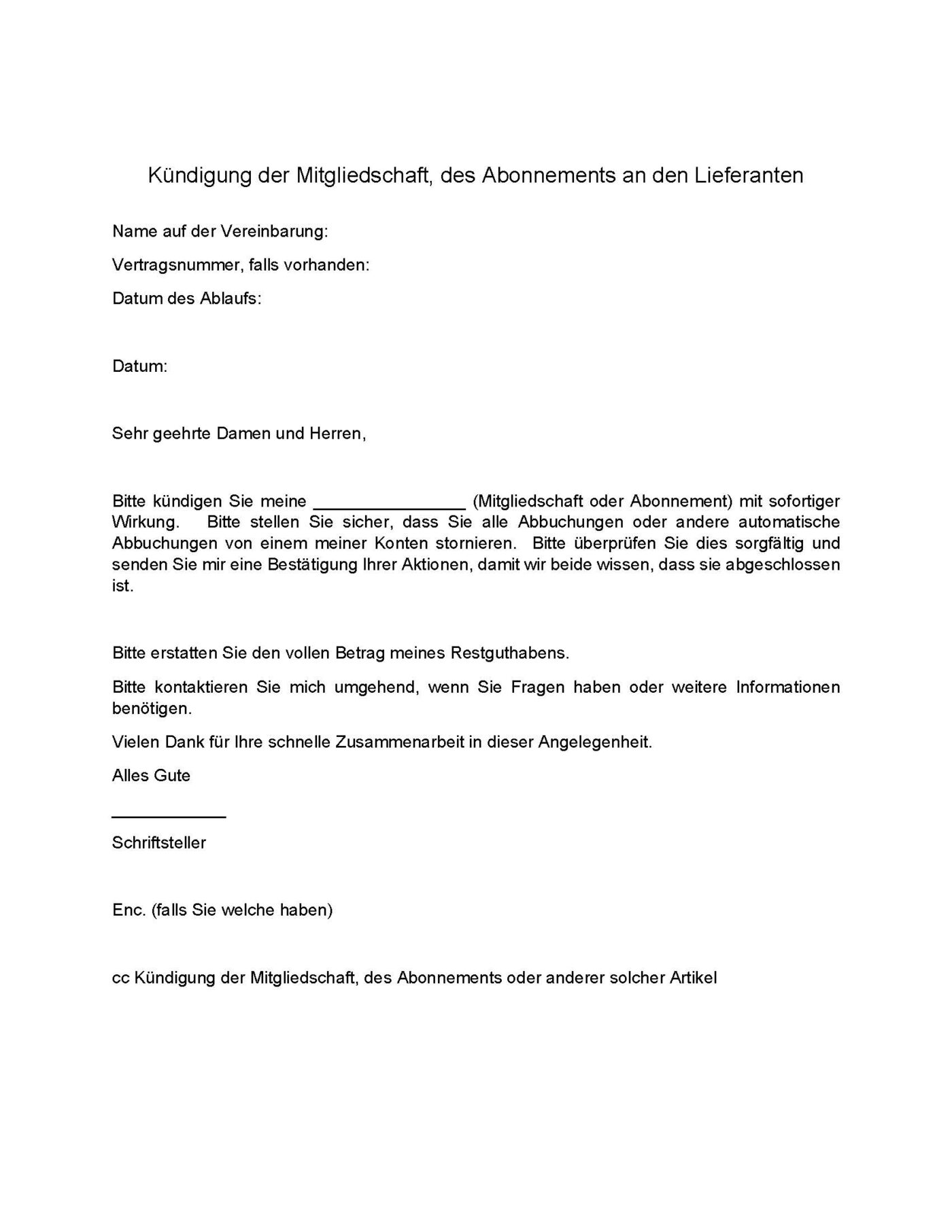 Kündigung der Mitgliedschaft, des Abonnements an den Lieferanten – Bild 2
