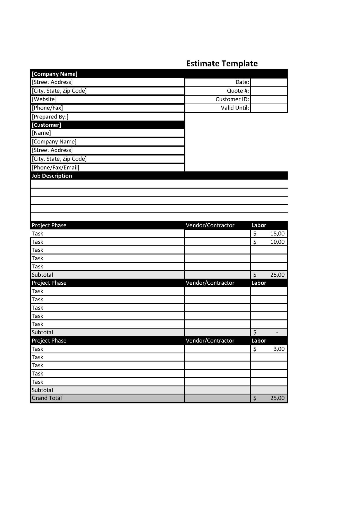 Project Estimate Template Excel Vorlage – Bild 2