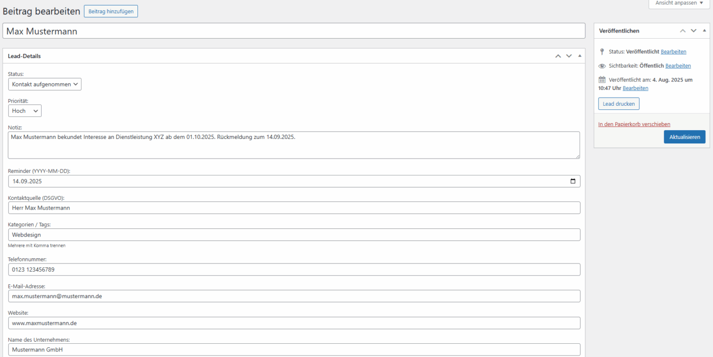 Lead-Dashboard für Coaches & Agenturen - WordPress Plugin – Bild 3