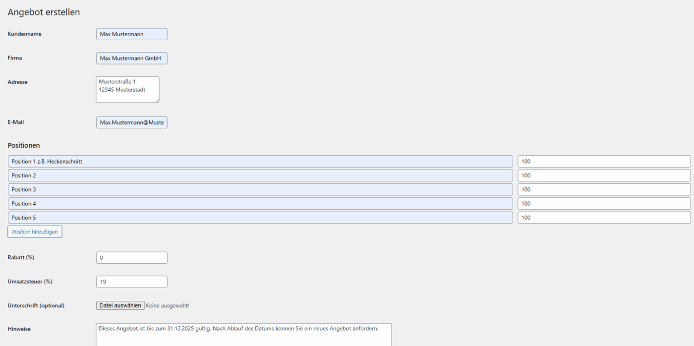 Angebotsgenerator - WordPress Plugin – Bild 5