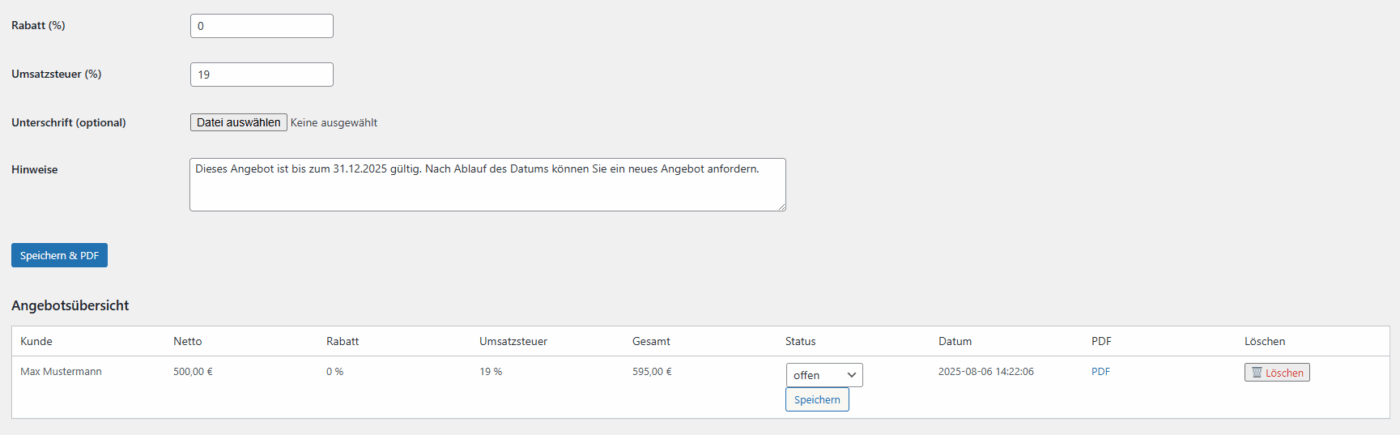 Angebotsgenerator - WordPress Plugin – Bild 6