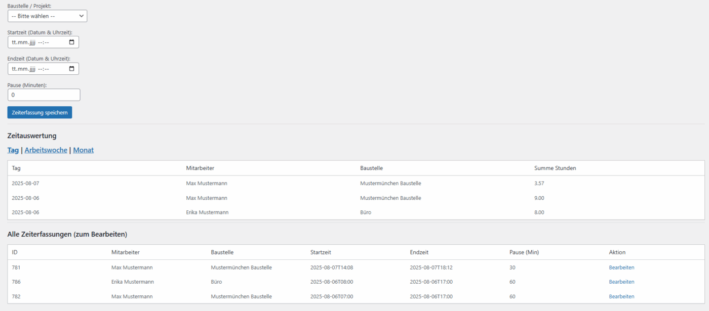 Mitarbeiter-Zeiterfassung & Baustellenverwaltung - WordPress Plugin – Bild 4